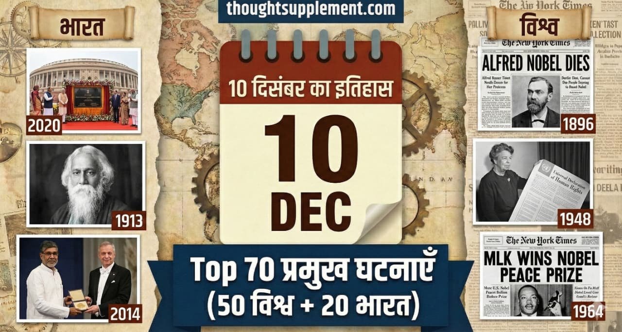 10 दिसंबर : इतिहास में आज का दिन | Top 70 प्रमुख घटनाएँ (20 भारत + 50 विश्व)